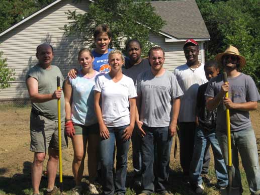 Meah Volunteers from Left:  Bob Straitt, Nadine Straitt (Exec. Dir.), and Matthew Kelly.  Also shown center is Jill Zartman (FoodCorps) and far right Jacob Holloway (Garden Manager)